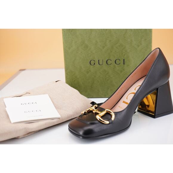 Gucci Black Leather Baby Block Heel Horsebit Pump SZ 35.5 NIB $920 Square Toe - Picture 1 of 12